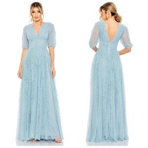 Mac Duggal 8050 V-Neck Puff Sleeve Ruffle Tiered A-Line Gown Size 10 NWT Blue